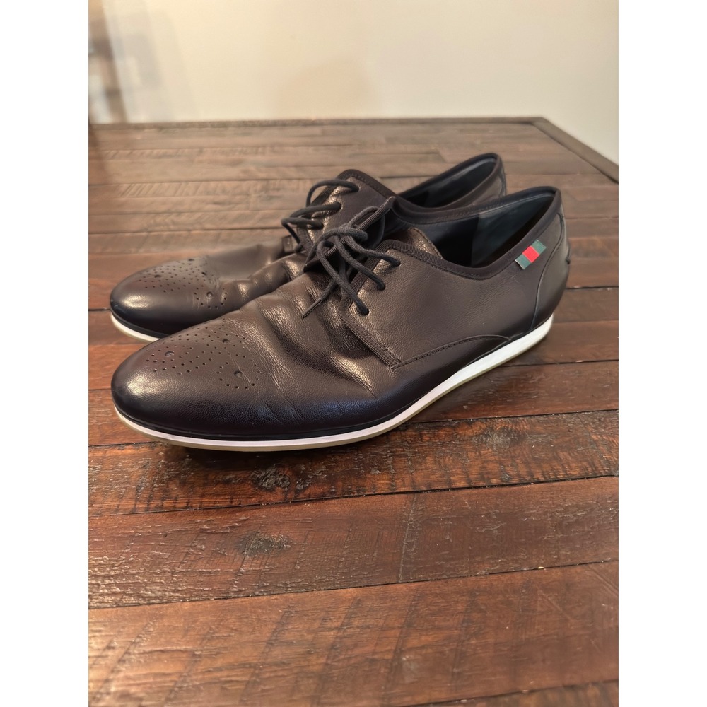 Gucci‎ Mens Leather Medallion Toe Derby Shoes Black Web Tab 233496 Size 8.5